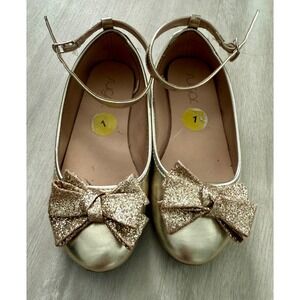 Sugar Kids Gold Glitter Bow Ankle Strap Ballet Flats Shoes Size 1‎